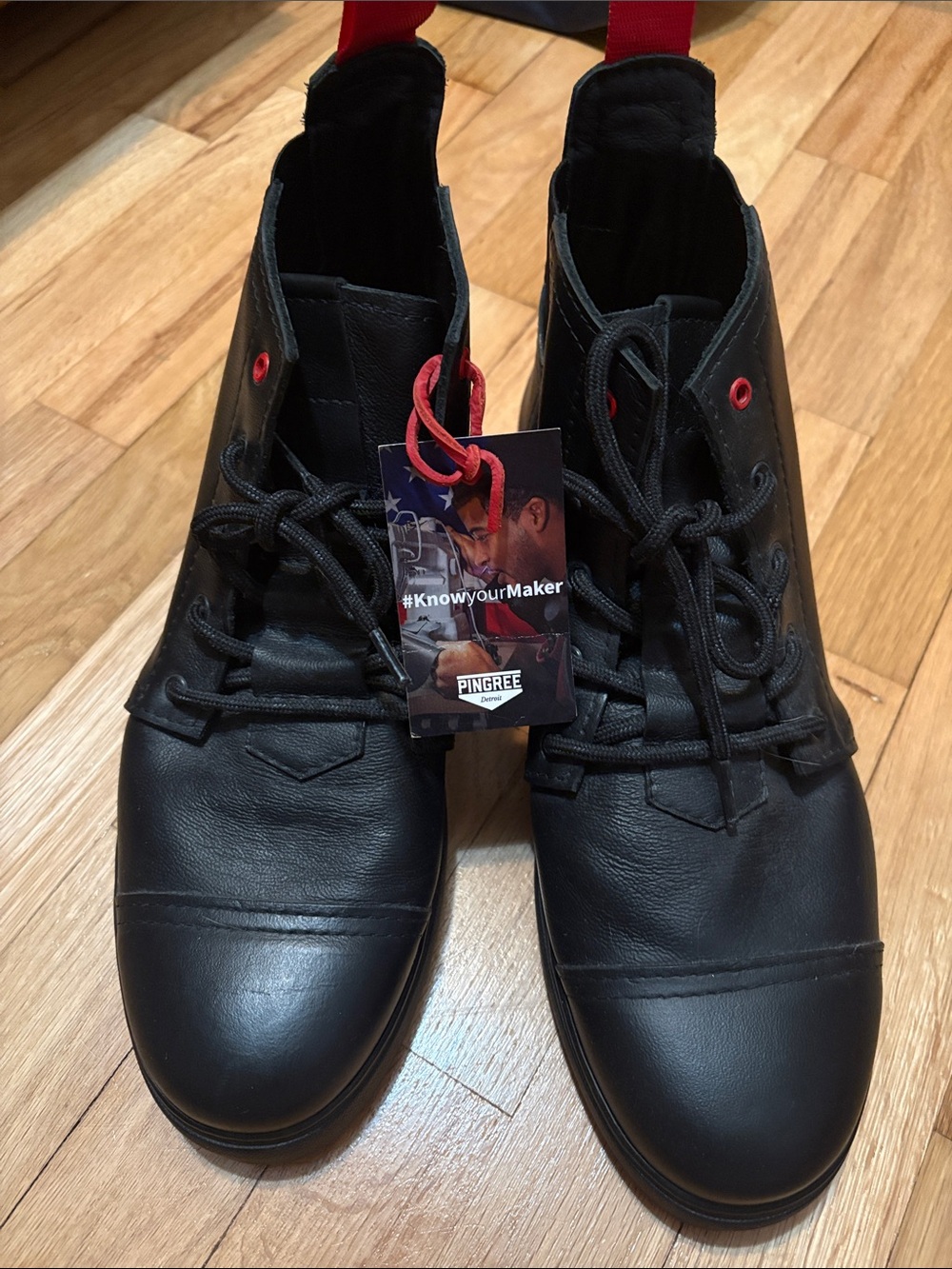 NWT Pingree Black Leather Lace-Up Boots with Red Accents